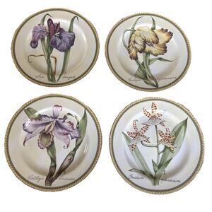 American Atelier Dessert Plates 8” Botanical Flowers Orchids Display Set of 4